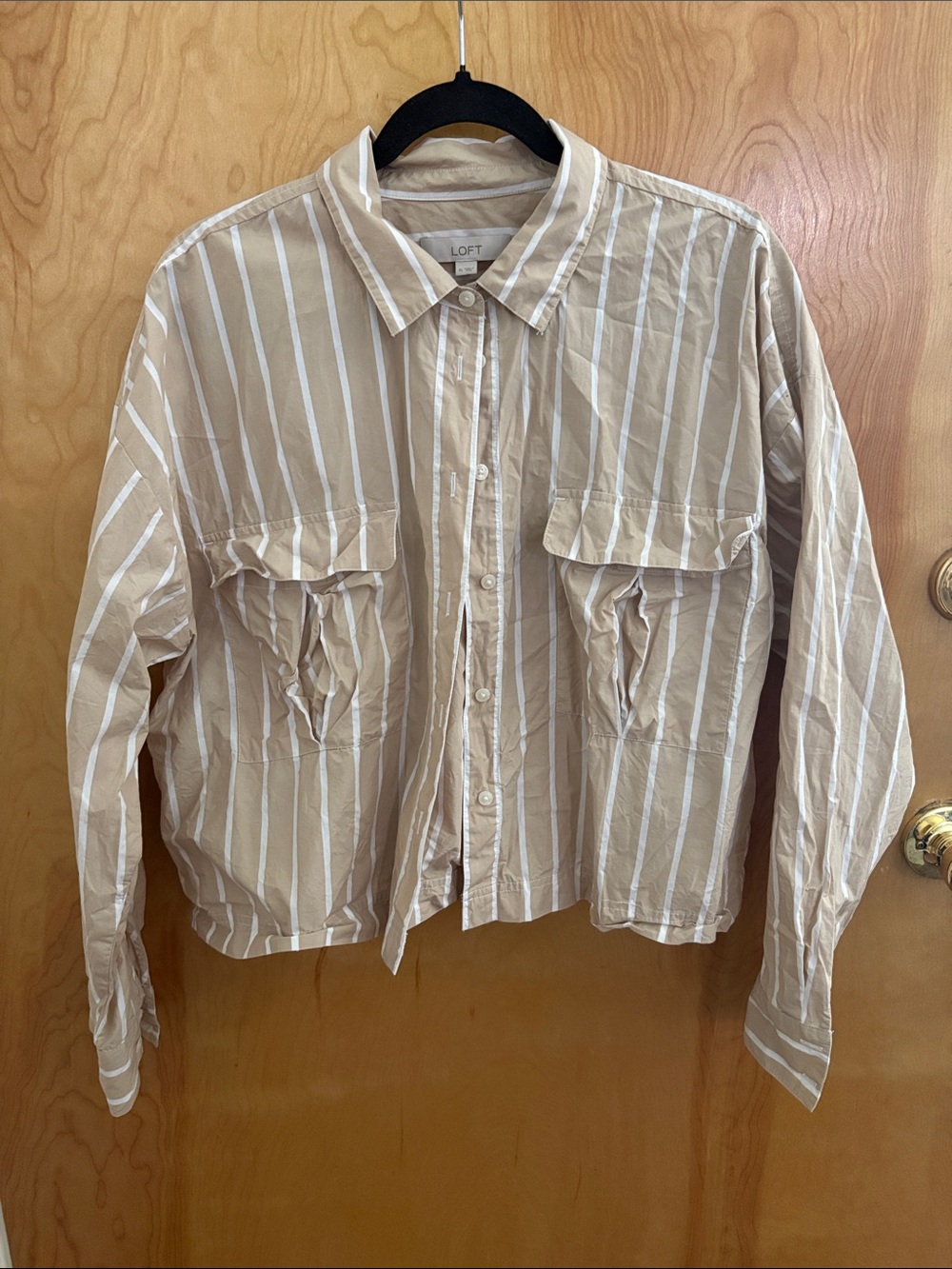 LOFT Beige and White Striped Button-Front Shirt Jacket